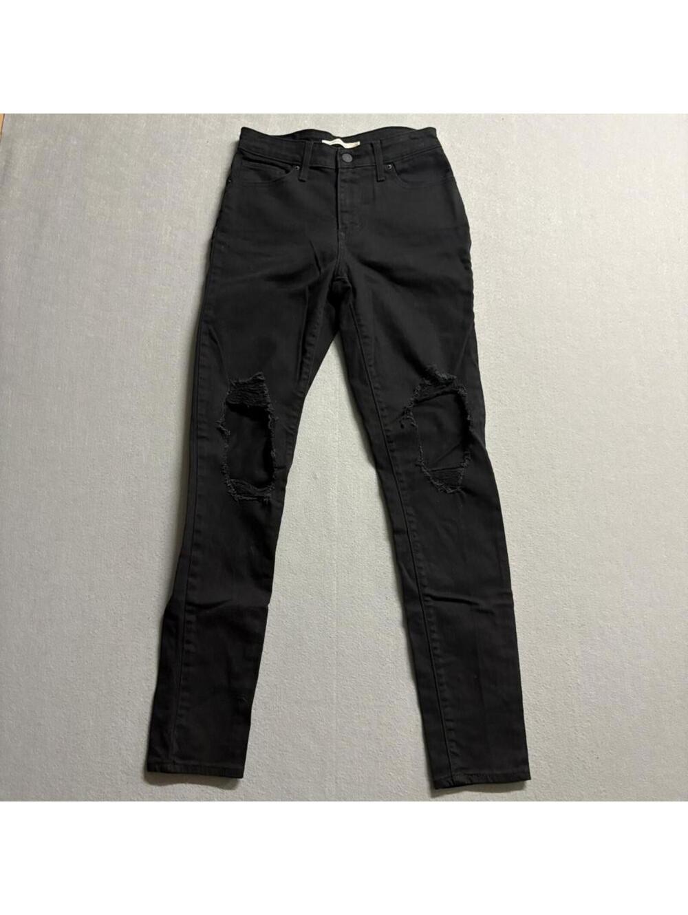 Levis 721 High Rise Skinny Jeans Womens 26x30 Black Distressed Ripped Knee Denim